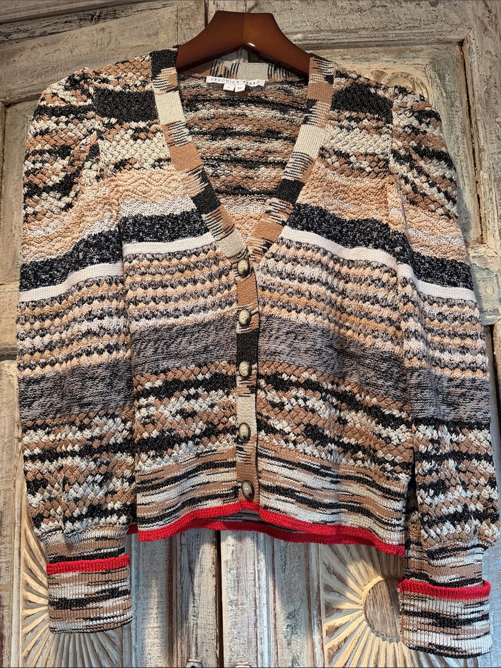 NWOT Veronica Beard Striped Knit Cardigan in Beige, Black, White